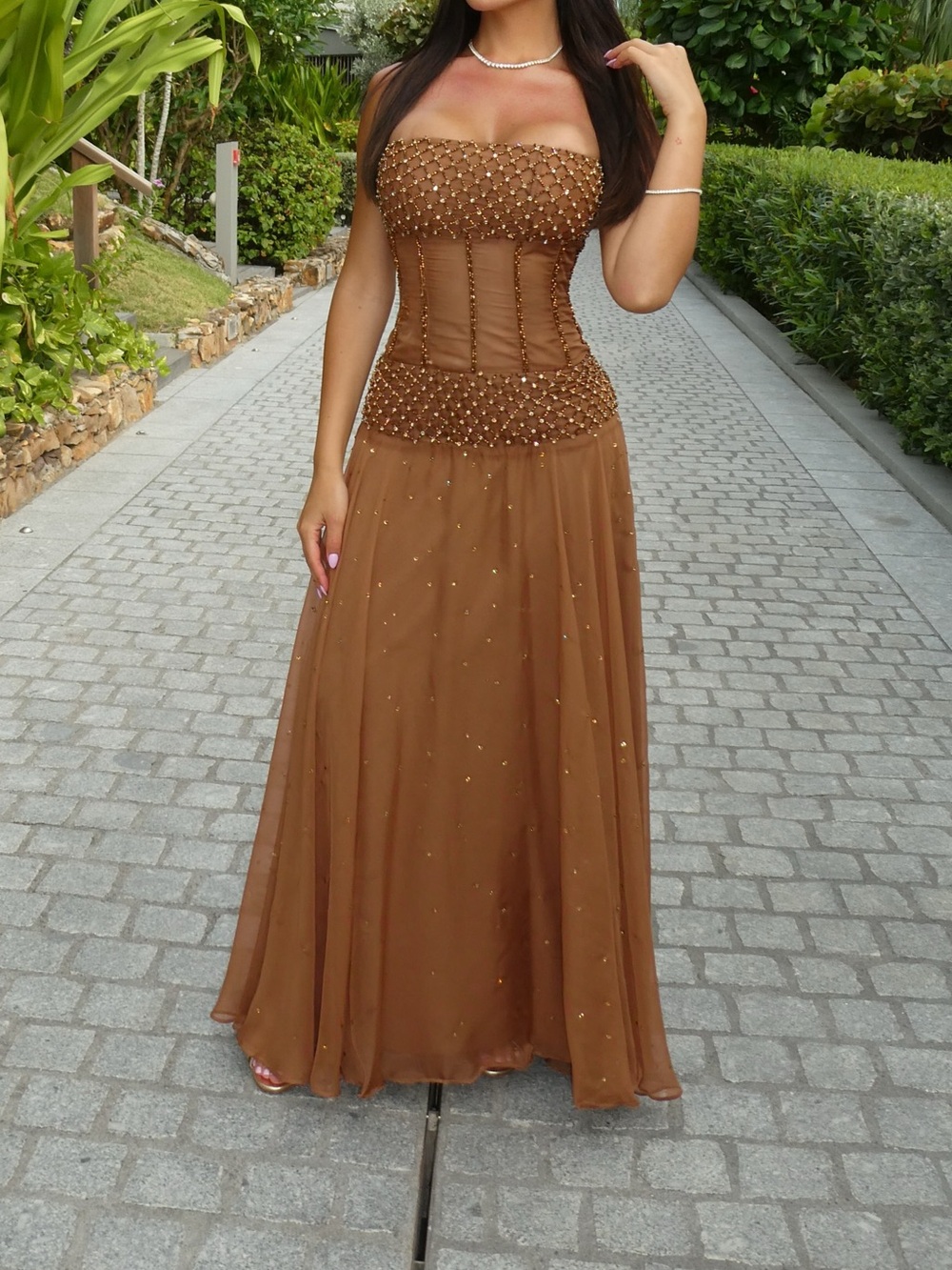 Strapless Brown Chiffon Maxi Dress - Picture 4 of 5